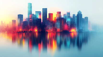 A vibrant city skyline reflecting on calm water at dawn, showcasing colorful lights and modern architecture.