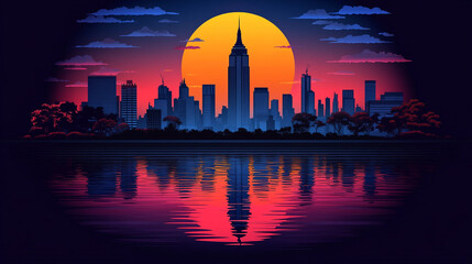 Fototapeta premium A vibrant city skyline silhouette against a colorful sunset, reflecting beautifully on the water's surface, showcasing urban charm.