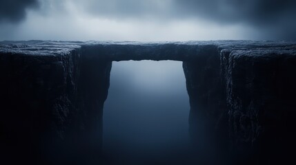 Mysterious Stone Bridge Over Deep Chasm in Foggy Landscape with Dark Clouds