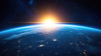 Obraz premium Vibrant blue sunrise with a perspective of the Earth from outer space