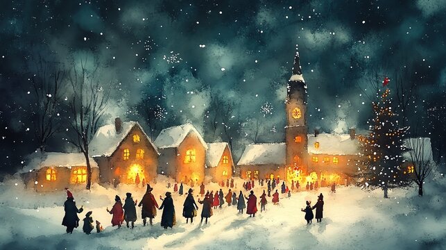 Snowy village, glowing windows, Christmas carolers singing, watercolor style