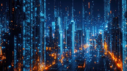 Fototapeta premium Futuristic Cityscape Featuring a Digitally Enhanced Grid of Urban Lighting and Connectivity