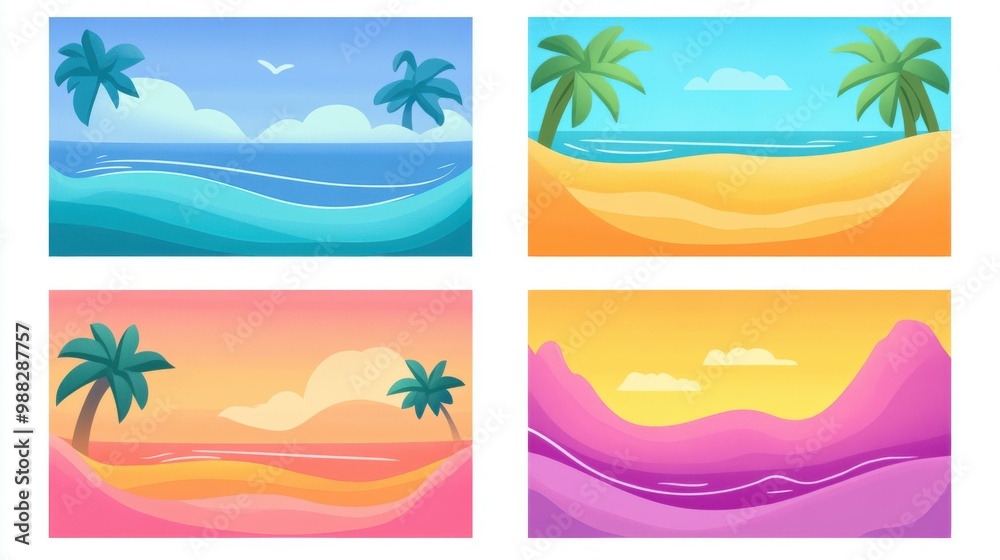 Canvas Prints Dive into summer vibes with vibrant flat illustrations showcasing a serene beach scene, perfect for nature lovers.