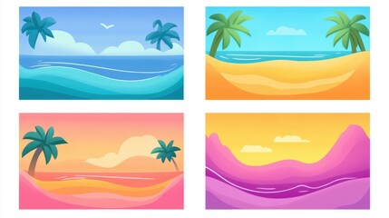 Obraz premium Dive into summer vibes with vibrant flat illustrations showcasing a serene beach scene, perfect for nature lovers.