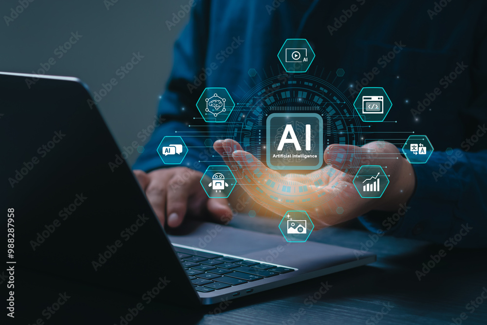 Fototapete artificial intelligence content generator. a man uses a laptop to interact with ai assistant. ai off