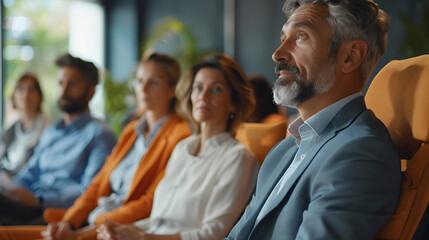 People at business training or seminar. Business coach meets with team of corporate employees. Diverse audience sitting in modern office interior and listening to presentation