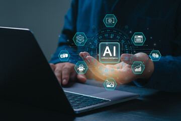 Artificial Intelligence Content Generator. A man uses a laptop to interact with AI assistant. AI offers functions like chatbot, generate images, write code, writer bot, translate and advertising.