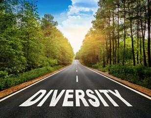 Diversity images, A highway road passes through a forest, blurred lens flare light, sunlight morning,sun rising,