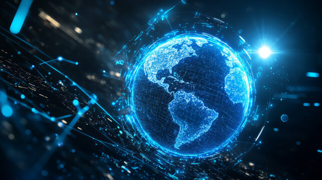 a digital twin of Earth, blue light, being used to predict and adapt to climate or technology related events
