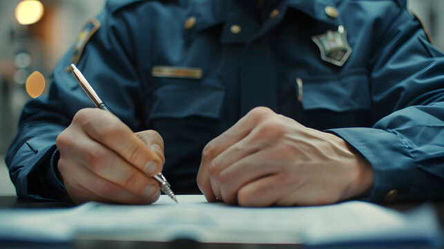 Policeman, officer police man in uniform writing crime reports form, gathering prosecution evidence close up. Emergency service worker busy filling official papers, information