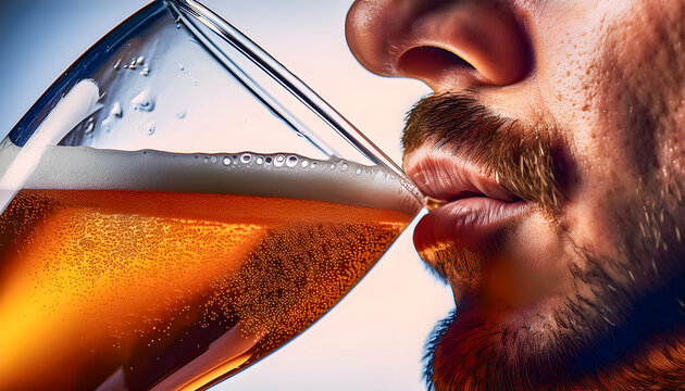 Primer plano de labios bebiendo y saboreando una cerveza servida en copa de vidrio. Beber, alcohol, fiesta, degustaci&oacute;n
