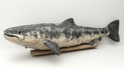 Naklejka premium Realistic model of a salmon fish displayed on a wooden base, ideal for decoration or educational purposes.