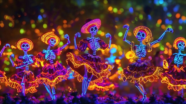 Illuminated Celebration: Neon Sugar Skull Catrinas Dazzling in Day of the Dead Festivity