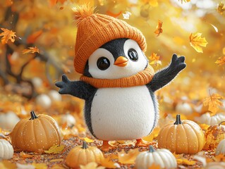 A cheerful cartoon penguin character, perfect for Thanksgiving and Halloween events, surrounded by autumn leaves and pumpkins, evoking a warm festive ambiance.