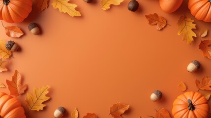 Obraz premium Autumn Background with Pumpkins, Leaves, and Acorns on Orange Surface for Seasonal and Thanksgiving Themes