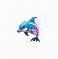 A blue and pink dolphin with a white background. The dolphin is jumping and has a stylized, cartoonish appearance.