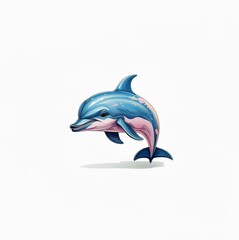 Fototapeta premium A cartoon blue dolphin with pink spots leaping out of the water.