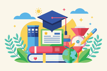 Fototapeta premium A vibrant illustration highlighting education, featuring books, a globe, and a graduation cap, symbolizing learning and achievement in a cheerful environment.
