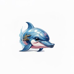 Obraz premium A cartoon dolphin with pink spots and a golden device attached to its head. The dolphin is swimming and there is blue water behind it.