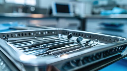 Dental Instruments Tray: A sterile tray used in dentistry to hold instruments like probes, scalers, and forceps, ensuring all tools are readily accessible during procedures.
