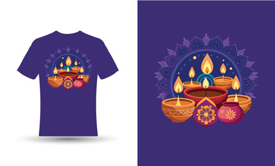 happy Diwali t-shirt design celebration with multiple clay lamps patterned