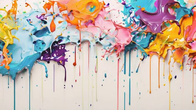 Colorful paint splatters and drips on a white background.