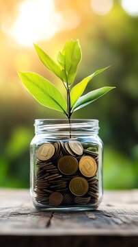 A fresh plant sprouts from a jar filled with coins, symbolizing growth, investment, and financial prosperity.