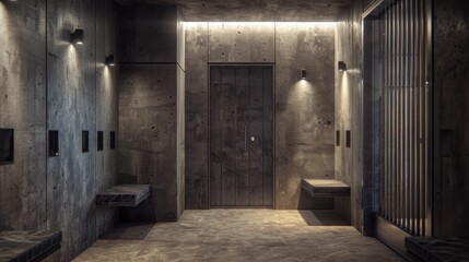 Obraz premium Holding Cell: A small, secure area designed for temporary detention, featuring minimal furnishings and robust safety features like solid doors and bars. 