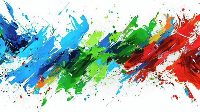 Abstract colorful paint strokes and splatters on a white background.