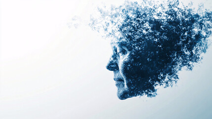 Abstract visual illustration representing dementia on a white background, depicting the disintegration of the human mind and cognitive decline through artistic and symbolic imagery.