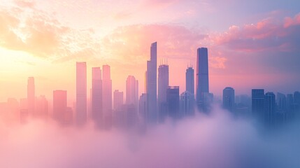 Fototapeta premium A hazy skyline rises from the dawn fog, with towering silhouettes breaking through the mist against a gentle pastel backdrop.