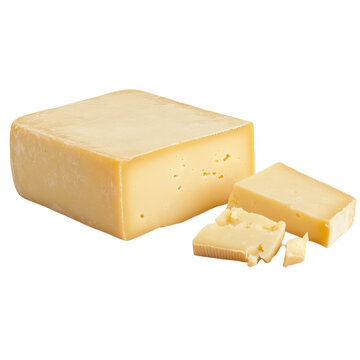 Cheese block with a slice cut out. png, transparent background.