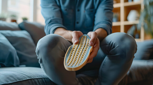 Positive man is sitting on the sofa, inspecting an orthopedic insole. Hands holding the insole, emphasizing health and medical care for feet. Perfect for orthopedics related concept