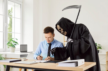 Businessman signing a contract with the grim reaper in an office, symbolizing the selling of his...