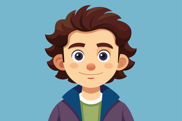 Obraz premium A cheerful young boy with curly hair is smiling while wearing a casual jacket and shirt, set against a light blue backdrop.