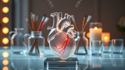 A luminous glass heart glows amidst an artist's serene sanctuary, blending creativity and anatomy in a captivating still life.