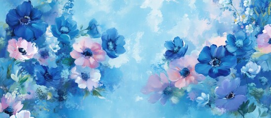 Blue floral backdrop featuring an array of painted flowers