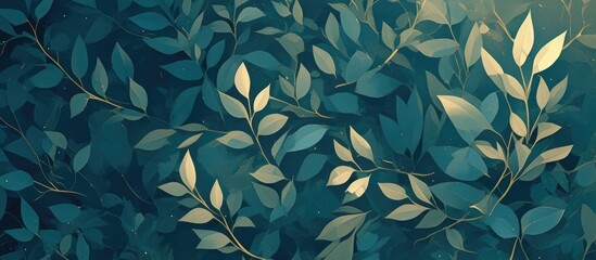 Fototapeta premium Close up painting of green evergreen leaves set against a dark blue fantasy inspired decorative floral background pattern