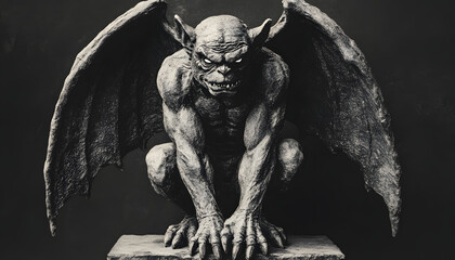 A fearsome gargoyle with stone wings, crouched against a solid charcoalgrey background