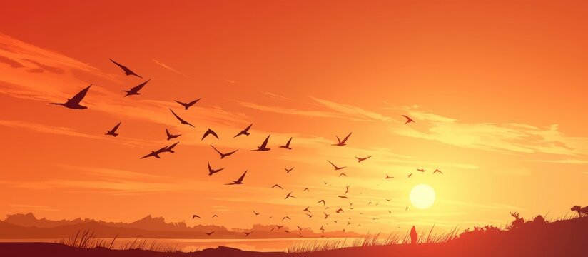 Silhouette of birds flying in an arrow formation against a sunset sky