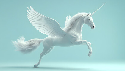 A regal pegasus with pure white wings, flying gracefully against a solid pale skyblue background