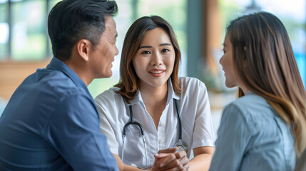 Obraz premium Psychology, depression asian young couple love, woman, man patient consulting problem mental health with psychologist, psychiatrist at clinic together, husband encouraging wife, therap