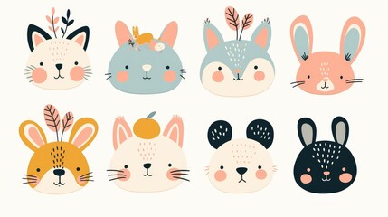 Obraz premium Set of vector illustrations featuring cute baby animal faces Hand drawn character cards ideal for printing graphics and posters with a trendy Scandinavian design for kids