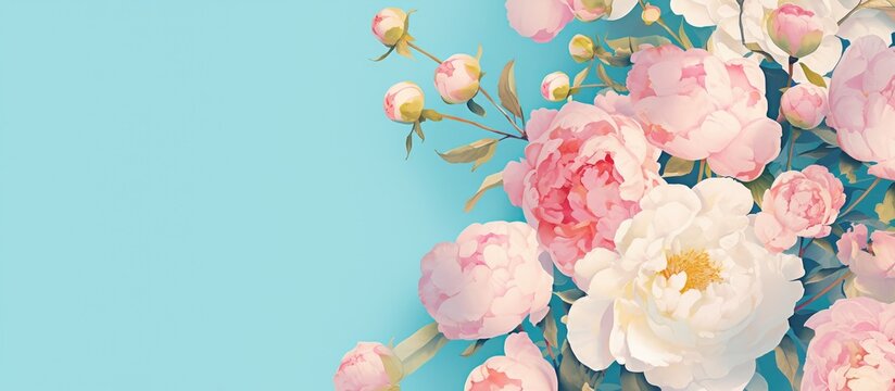 Painting of pink peony flowers on a blue backdrop Ample copy space Floral arrangement suitable for weddings birthdays or anniversaries Macro shot of peony blooms