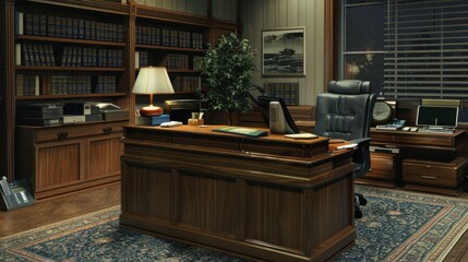 Chief's Office: The police chief's personal office, furnished elegantly with a desk, filing cabinets, and personal items that reflect the chief's role and authority.
