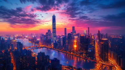 Fototapeta premium Vibrant Urban Skyline at Dusk with Illuminated Skyscrapers and Dynamic Cityscape