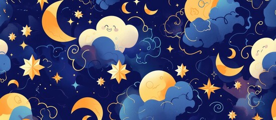 Vector illustration of a whimsical pattern featuring adorable stars moons and clouds Ideal for a nighttime nursery theme