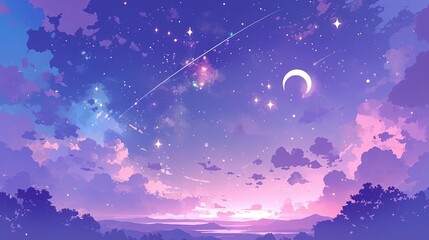Night sky painting featuring clouds and stars Dreamy purple space wallpaper with a cute abstract celestial theme Cartoonish magical evening gradient in vector format