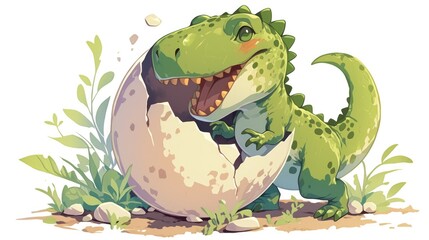 Fototapeta premium Illustration of an adorable dinosaur emerging from an egg set against a white background Ideal for printing coloring books and greeting cards