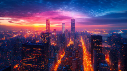 Fototapeta premium Modern Urban Skyline at Dusk with Illuminated Skyscrapers and Vibrant Cityscape, Captivating Night Lights Reflecting Dynamic City Living and Urban Lifestyle